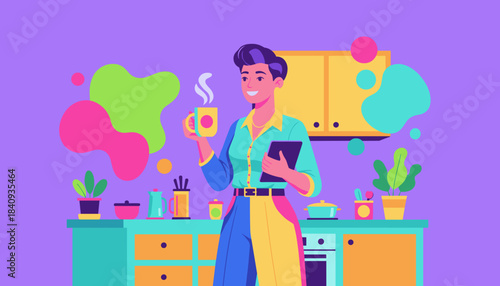 Vibrant illustration of a smiling woman holding coffee and a tablet in a bright stylish kitchen