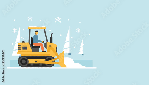 Operator drives a yellow snowplow clearing snow in a stylized winter landscape with copy space