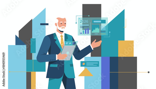 Senior executive analyzes business projections 2026 with digital data visualization and abstract graphics
