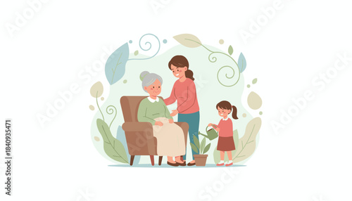 Three generations of women sharing love and care at home with plants