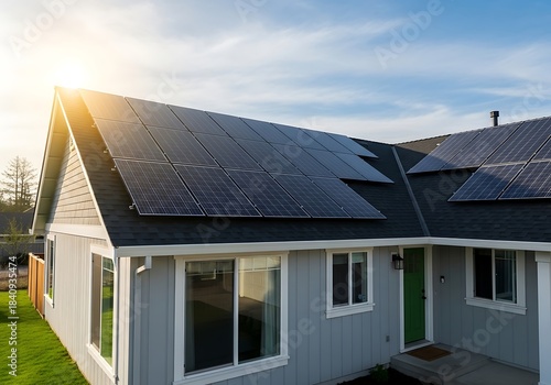 Modern suburban home with solar panels on the roof, bathed in sunlight, showcasing a sustainable lifestyle.