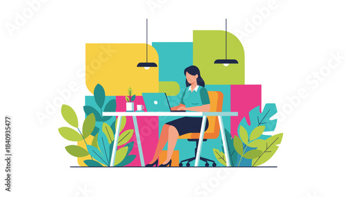 Professional woman using laptop at modern desk in colorful plantfilled workspace