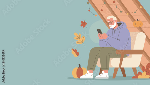 Grandpa using phone in a cozy attic chair surrounded by fall leaves and pumpkins Digital lifestyle
