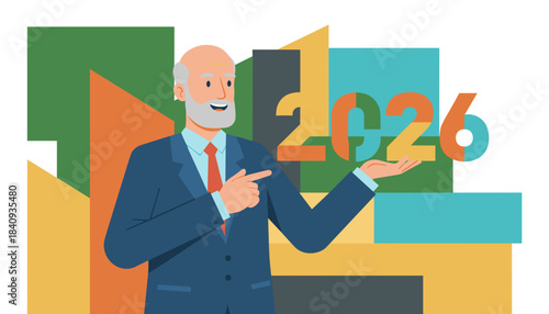 Successful senior man presenting the New Year 2026 Future business vision and planning goals