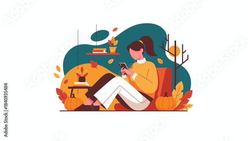 Cozy autumn leisure woman sitting with smartphone surrounded by pumpkins and fall decor