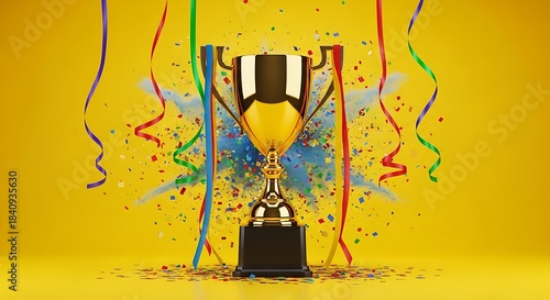 A golden trophy stands proudly amidst a vibrant explosion of colorful ribbons and confetti, showcasing a celebratory and triumphant mood.