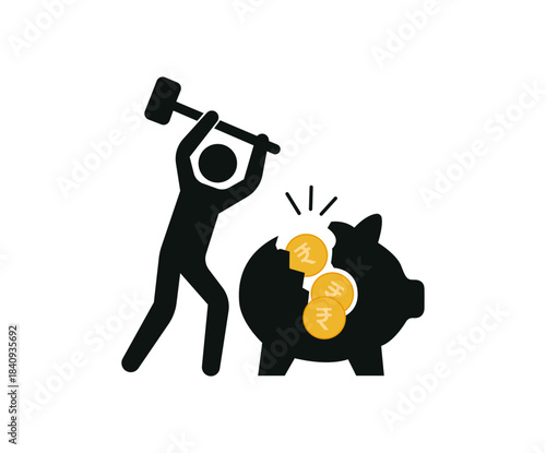 Stickman breaking a piggy bank with hammer, symbolizing savings withdrawal, financial emergency, expense shock, money management, or investment decision.