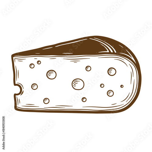 Detailed hand drawn illustration of a slice of swiss cheese with holes on a white background