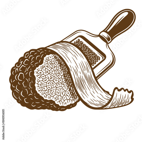 Detailed vintage sketch of a black truffle being grated with a grater into fine shavings