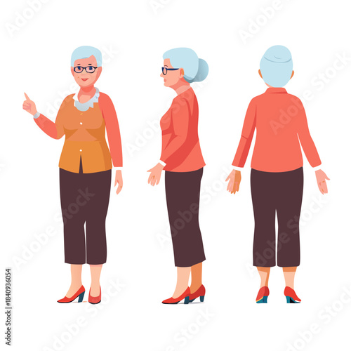 Modern old woman or granny creation set. Collection of elderly lady's body parts, hand gestures, trendy clothes isolated on white background. Front, side and back views. Cartoon vector illustration.
