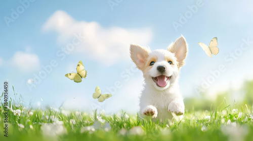 Happy puppy runs through sunny meadow filled with butterflies, showcasing joy and playfulness in vibrant natural setting
