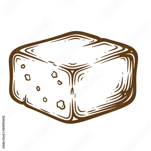 Hand drawn illustration of a brown sketch vintage cheese cube block food element