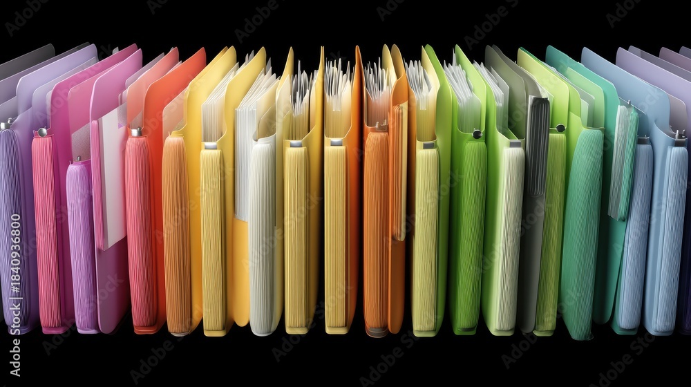 Obraz premium Colorful Collection of Organized File Folders for Office and Personal Use Featuring Various Shades and Patterns