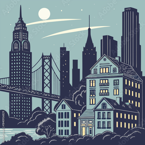 Cityscape skyline at night illustration