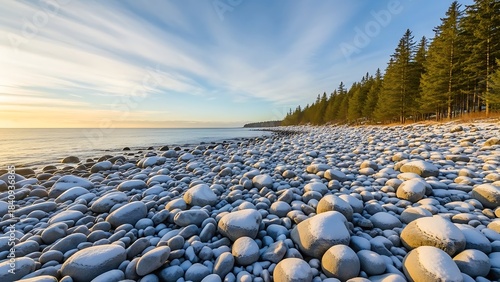 Fototapeta Naklejka Na Ścianę i Meble -  Serene rocky beach with trees at sunset on a peaceful shoreline by the ocean