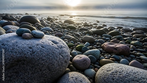 Fototapeta Naklejka Na Ścianę i Meble -  Serene beach scene with smooth rocks and pebbles at sunset on shore