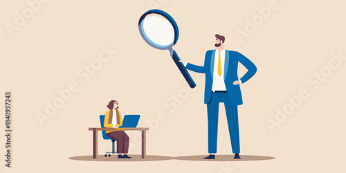 A large man with a magnifying glass examining a person working on a laptop