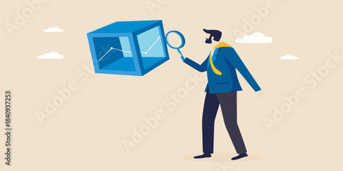 A businessman examines a graph inside a transparent cube with a magnifying glass