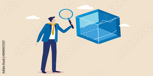 Analyzing data insights with a magnifying glass and a cubic representation