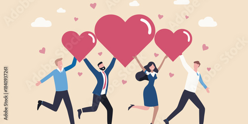 People cheerfully lifting red heart balloons against a pastel background