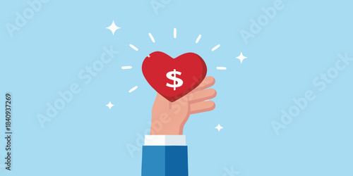 A hand offering a red heart with a dollar sign symbol inside