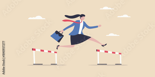 Businesswoman confidently leaping over hurdles with determination and a briefcase
