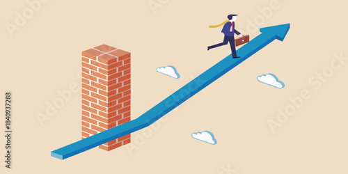 Man walking on an upward arrow overcoming a brick wall obstacle