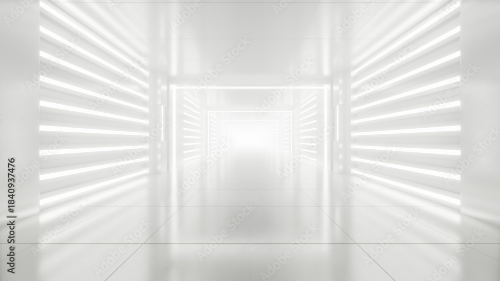 Obraz premium Abstract sci-fi tunnel space with neon light, modern corridor architecture, Tech or digital futuristic interior , 3d illustration