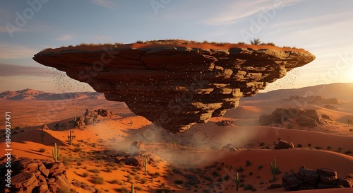 A large, floating rock formation hovers over a vast, sun-drenched desert landscape.