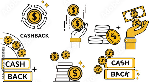 Cashback Money Icons – Hand, Coins, Reward Vector Set