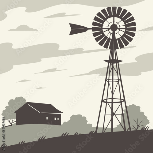Windmill on a rural landscape illustration