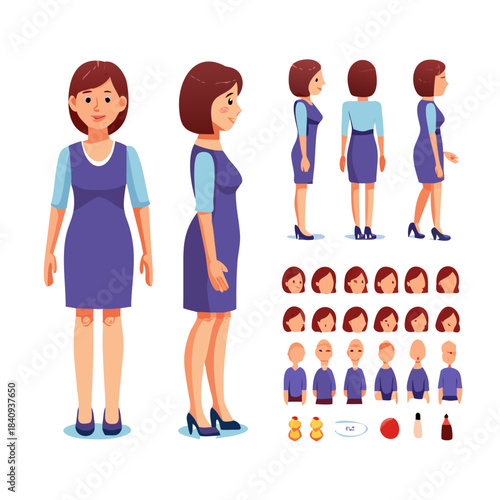 Casual middle aged woman wearing dress. Character constructor for animation. Front, side and back view set. Body parts, postures, poses collection. Vector illustration.

