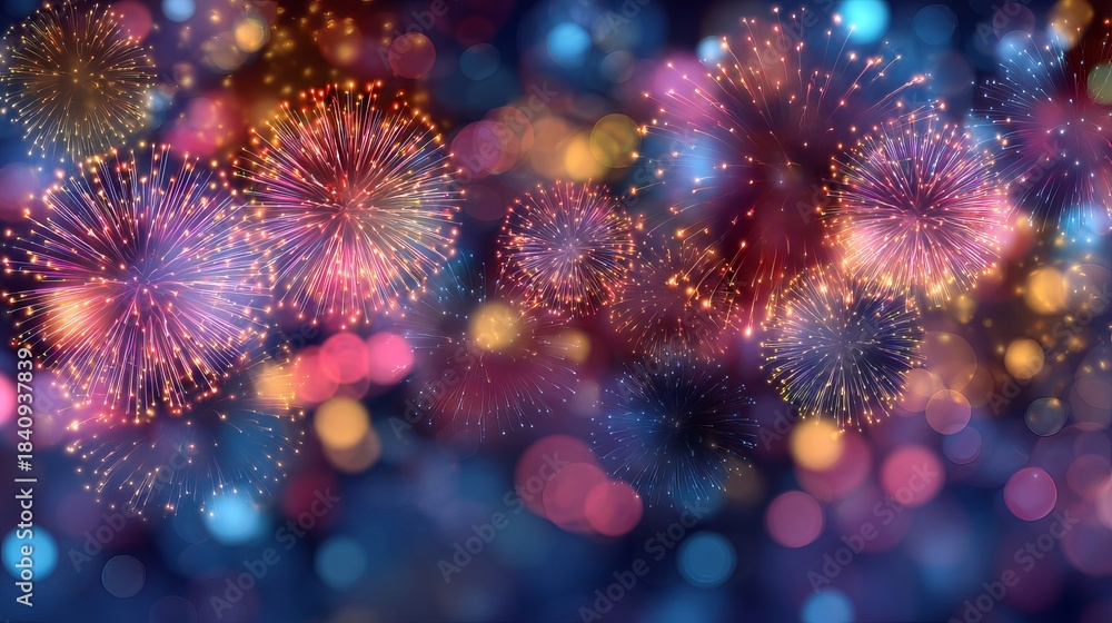 Fototapeta premium Festive new year's eve party background with sparkling lights and celebration elements for greeting cards
