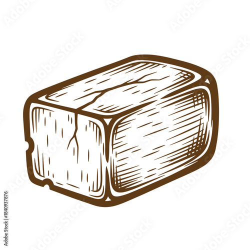 Hand drawn sketch of a rustic wooden block in a vintage engraving style