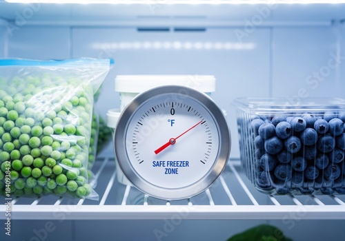 Freezer thermometer indicating safe freezing temperature near frozen peas and blueberries for food storage.