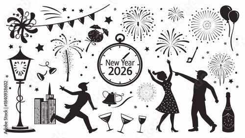 New Year 2026 celebration with happy couple dancing amidst fireworks