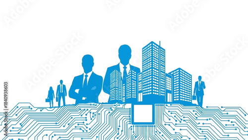 Business professionals and city skyline rise above a digital circuit board, representing technological advancement and corporate integration.