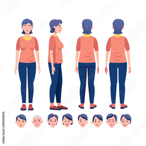Middle aged casual woman character. Constructor for animation. Front, side and back view set. Body parts, postures, poses collection.
