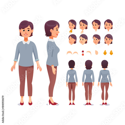 Middle aged casual woman character. Constructor for animation. Front, side and back view set. Body parts, postures, poses collection.
