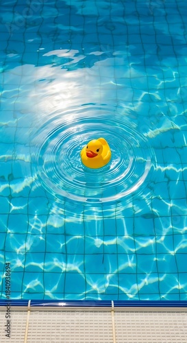 Bright yellow rubber duck floats serenely in a shimmering pool of turquoise water.