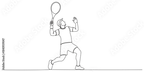 Single line drawing young energetic Male tennis player hit the ball graphic vector illustration. Sport training concept. Modern continuous line draw design for tennis tournament banner and poster