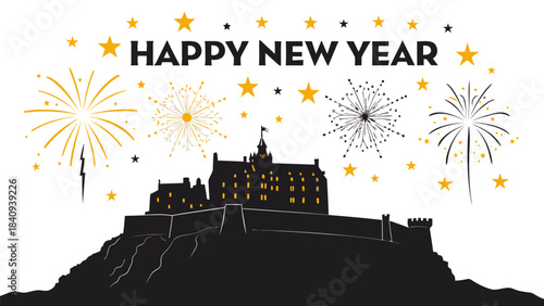 Happy New Year celebration with castle and fireworks display