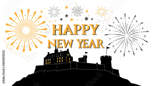 Happy New Year celebration with castle and fireworks display