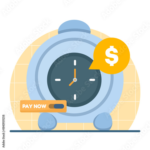 Illustration of a clock indicating payment time with a pay button, symbolizing subscription billing, recurring payments, and timely financial transactions.