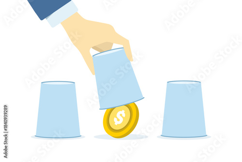 Illustration showing a businessman pointing to an open cup with coins inside, representing profit opportunities, investment risks, and financial gambling concepts.