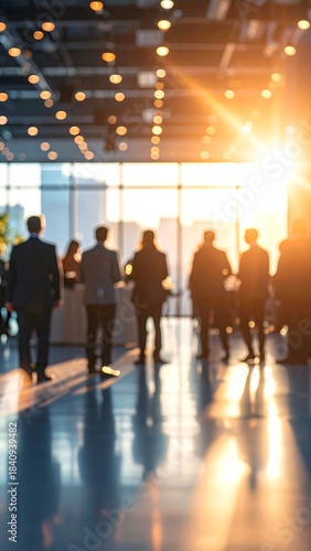 Silhouettes of business people walking in a modern convention center during sunset.