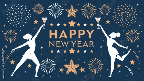 Happy New Year celebration with dancing women and fireworks