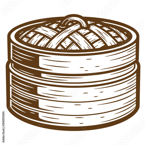 Illustration of a traditional asian bamboo steamer in a simple brown sketch vintage style