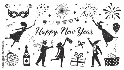 People celebrating Happy New Year with fireworks and party decorations