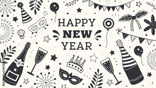 Happy New Year celebration with champagne, party hats and masks